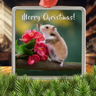 Adorno Metálico Arturo Rojo con Hamster Feliz Navidad