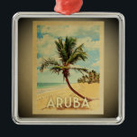 Adorno Metálico Aruba Vintage Travel Ornamate Palm Tree<br><div class="desc">Un fresco adorno de Aruba de estilo vintage con una palmera en una playa de arena con cielo azul y océano.</div>