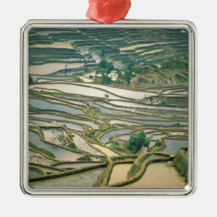 Adorno Metálico Asia, China. Terrazas de arroz inundadas cerca de