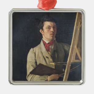 Adorno Metálico Autorretrato, sentándose al lado de un caballete,