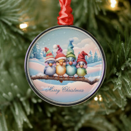 Adorno Metálico Aves de fantasía con gorras Navidades.