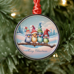 Adorno Metálico Aves de fantasía con gorras Navidades.