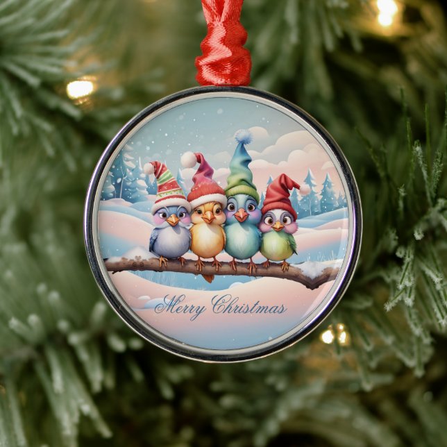 Adorno Metálico Aves de fantasía con gorras Navidades. (Árbol)