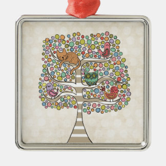 Adorno Metálico Aves y búhos de gato en un Ilustracion de árbol