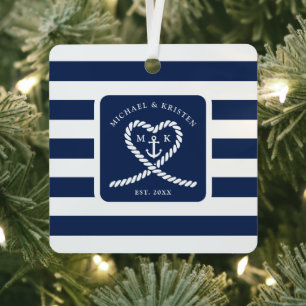 Adorno Metálico Azul Náutico Corazón de Cuerda con Ancla Navidad