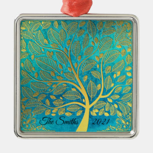 Adorno Metálico Azul turquesa y árbol de oro *Personalizado*