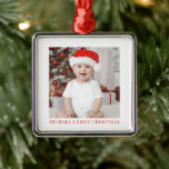 Adorno Metálico Baby First Christmas Photo Keepsake<br><div class="desc">Captura la primera Navidad del bebé con una foto de las vacaciones y un personalizar con el nombre del bebé. Añada la foto y el nombre de su bebé para crear una alegre tradición de vacaciones que le encantará traer año tras año.</div>