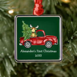 Adorno Metálico Baby First Christmas Red Truck Moose Green