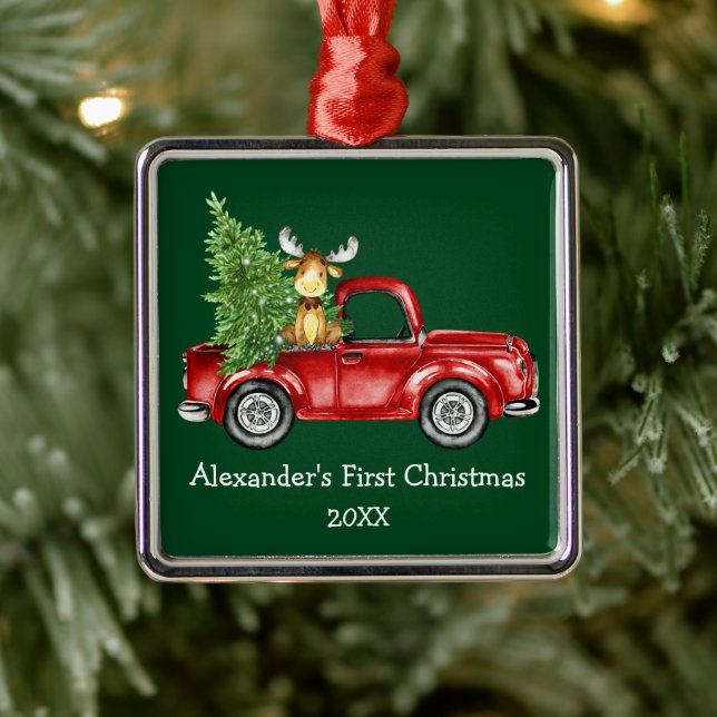 Adorno Metálico Baby First Christmas Red Truck Moose Green (Árbol)