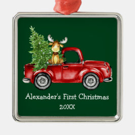 Adorno Metálico Baby First Christmas Red Truck Moose Green
