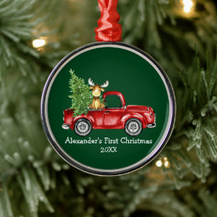 Adorno Metálico Baby First Christmas Red Truck Moose Green Round