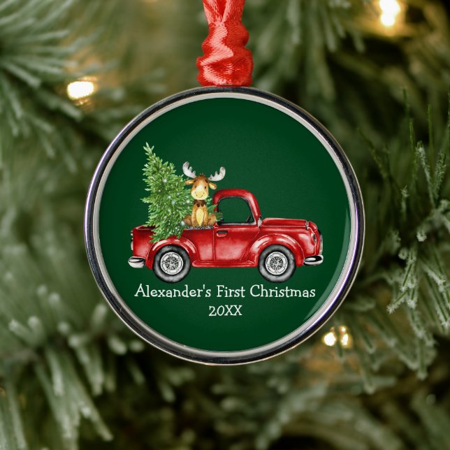 Adorno Metálico Baby First Christmas Red Truck Moose Green Round (Árbol)