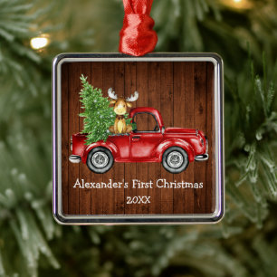 Adorno Metálico Baby First Christmas Red Truck Moose Rustic