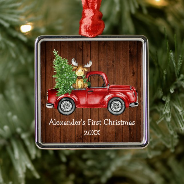 Adorno Metálico Baby First Christmas Red Truck Moose Rustic (Árbol)