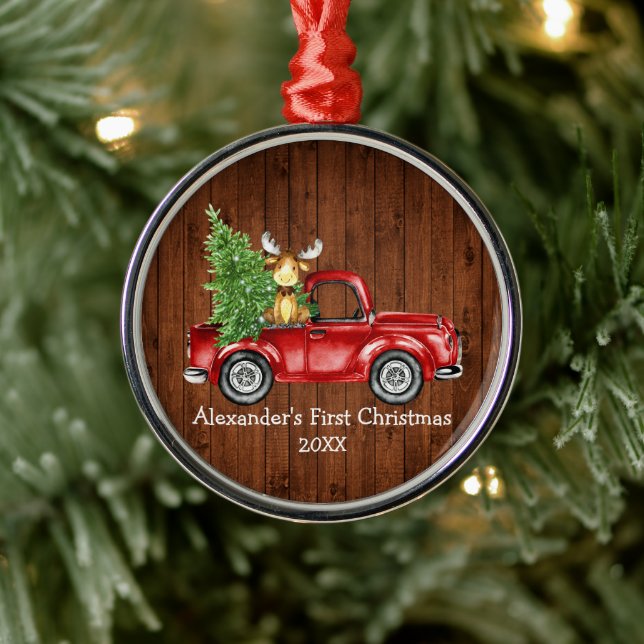 Adorno Metálico Baby First Christmas Red Truck Moose Rustic Round (Árbol)