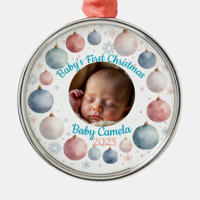 Adorno Metálico Baby's First Christmas 2025 Personalized Photo  (Frente)