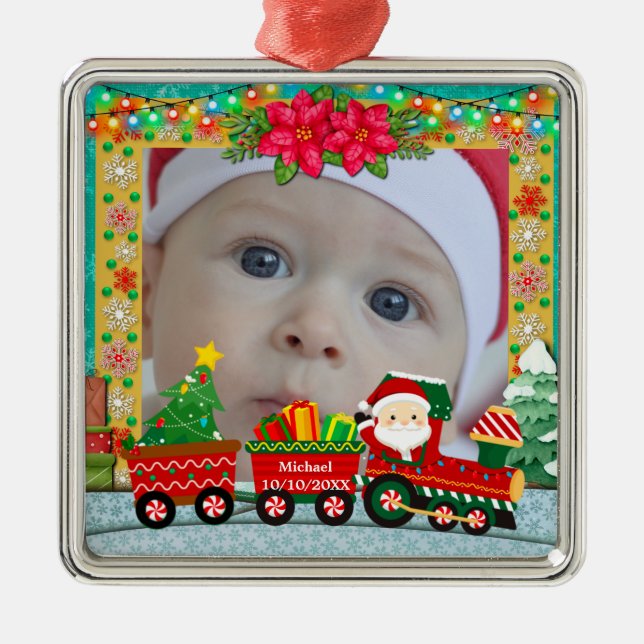 Adorno Metálico Baby's First Christmas Custom Name Photo Keepsake (Frente)
