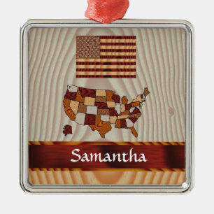 Adorno Metálico Bandera y mapa estadounidense de madera