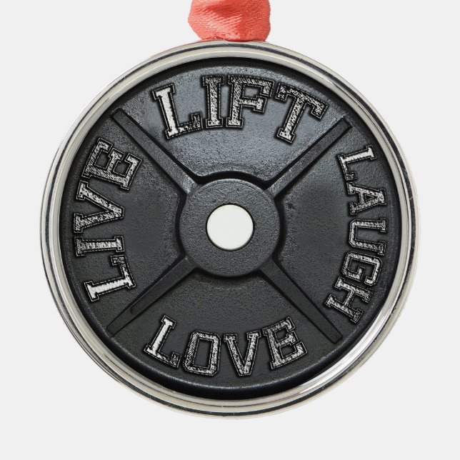 Adorno Metálico Barbell Plate - Levantar, vivir, amar, reír (Frente)