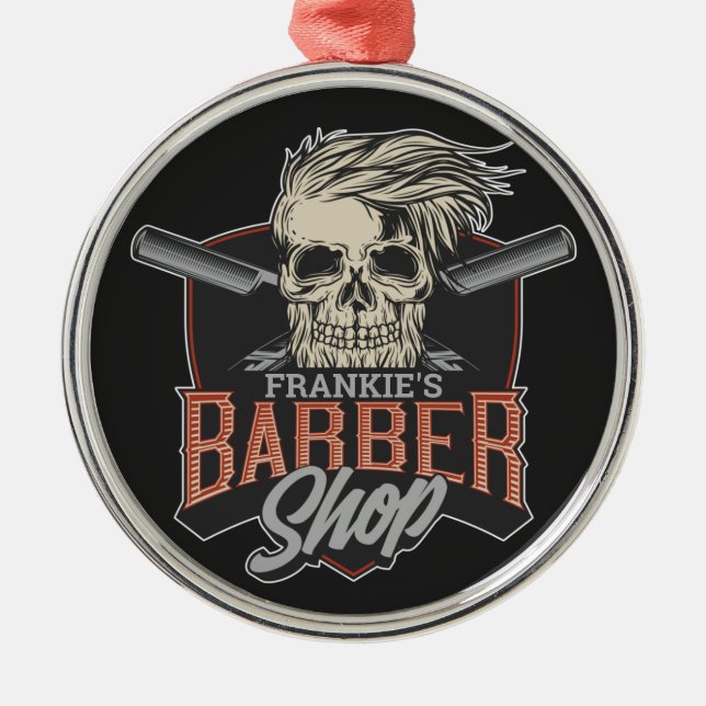 Adorno Metálico Barbería personalizada Hipster Skull y Razors  (Frente)