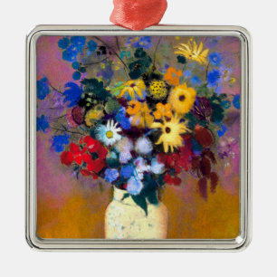 Adorno Metálico Base blanca con flores Odilon Redon