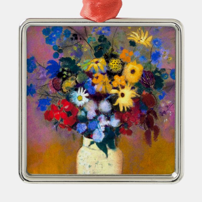 Adorno Metálico Base blanca con flores Odilon Redon (Frente)