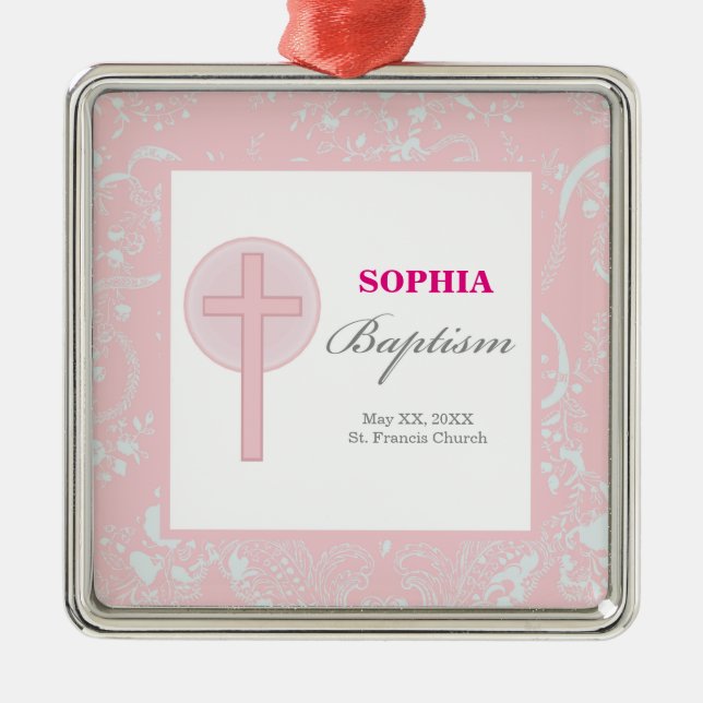 Adorno Metálico Bautismo Chica de encaje rosado (Frente)