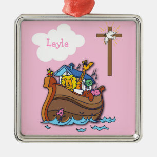 Adorno Metálico Bautismo del Arca de Noé personalizable, niña rosa