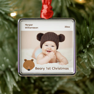 Adorno Metálico Bebé de la foto del oso primera Navidad