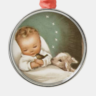Adorno Metálico Bebé navideño vintage con cordero