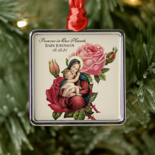 Adorno Metálico Bendita Virgen María con el Niño Jesús Rosas Vinta