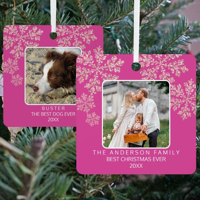 Adorno Metálico Berry Bling con copas de nieve Elegante 2 Navidade (Personalized 2 photo Christmas ornaments in trendy pink are perfect for gifting)