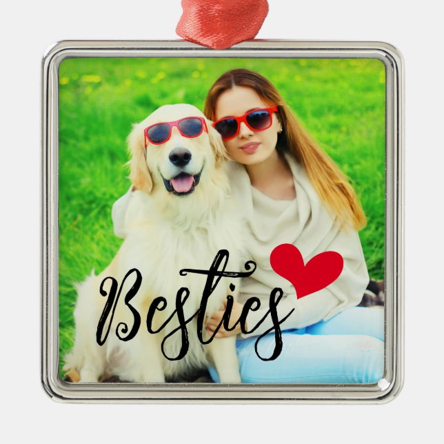 Adorno Metálico Besties Cute Dog Mom Red Heart Foto (Frente)