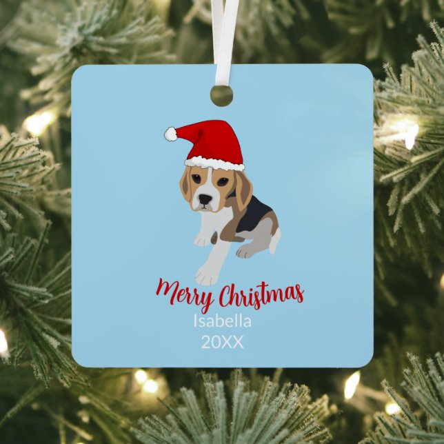 ADORNO METÁLICO BLUE BEAGLE PUPPY DOG IN CHRISTMAS SANTA HAT XMAS (in situ)