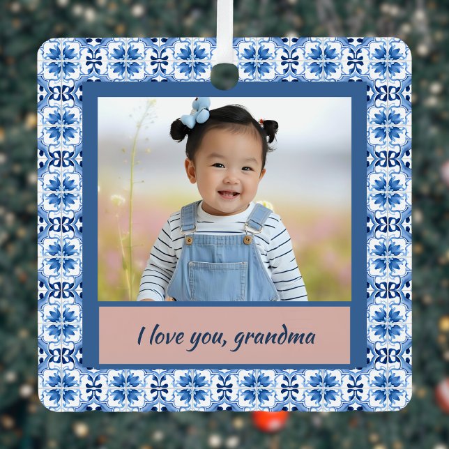 Adorno Metálico Blue Chinoiserie Tile Photo Grandma Navidades (Subido por el creador)