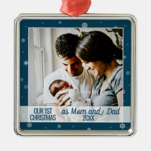 Adorno Metálico blue first Christmas mom & dad photo snowflakes