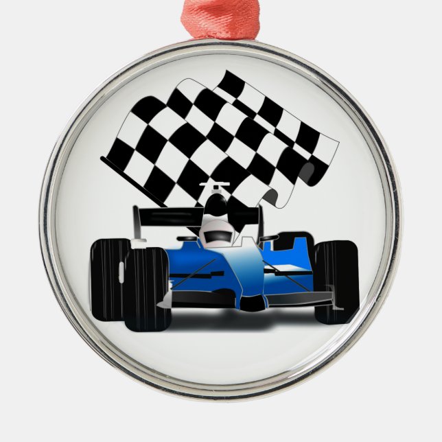 Adorno Metálico Blue Race Car with Checkered Flag (Frente)