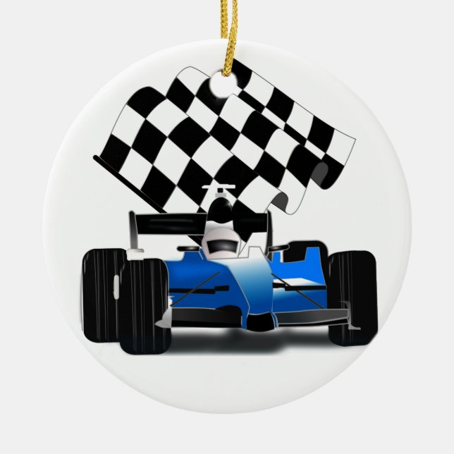 Adorno Metálico Blue Race Car with Checkered Flag (Frente)