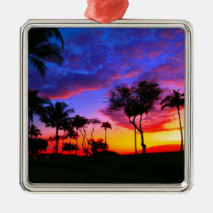 Adorno Metálico Blue Red Sunset Exotic Hawaiian Beach Palm Trees