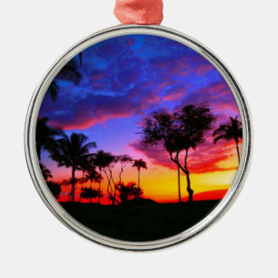 Adorno Metálico Blue Red Sunset Exotic Hawaiian Beach Palm Trees