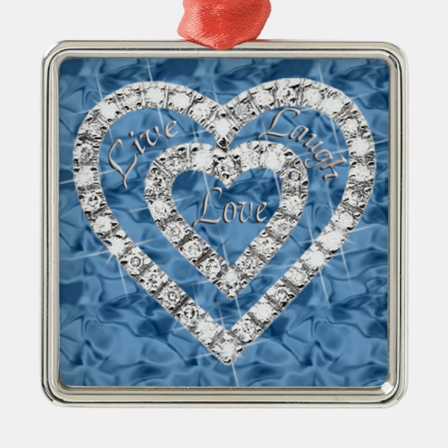 Adorno Metálico Blue Square Live Laugh Love Diamond Heart Ornament (Frente)