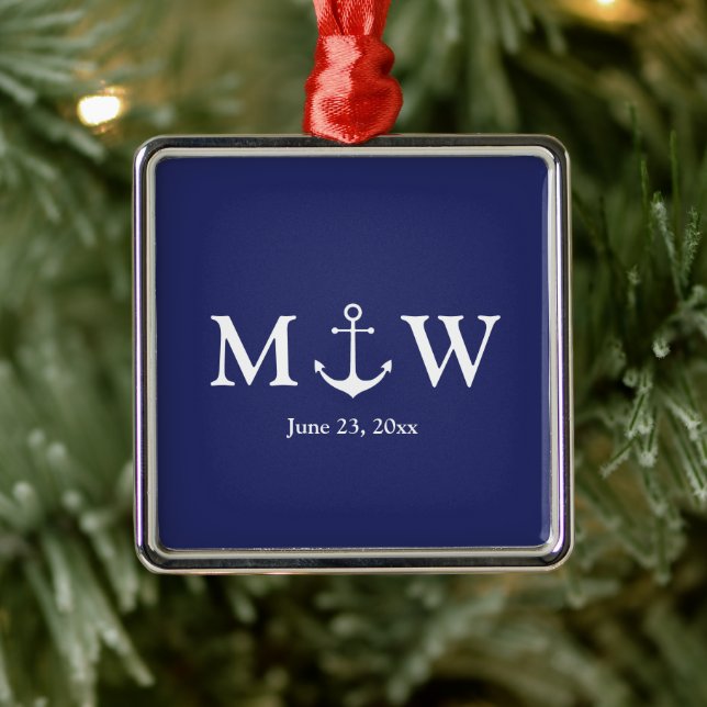 Adorno Metálico Boda ancla náutica monograma azul marino y blanco (Árbol)