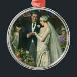 Adorno Metálico Boda de cosecha, novia y novio con Menorah<br><div class="desc">Imagen de la ceremonia del amor al ilustracion vintage y boda romántico que presenta a una pareja casada en una hermosa sinagoga con vidrieras,  flores y una menorah de siete ramas. La novia lleva un vestido largo y blanco boda y el novio es guapo en su esmoquin.</div>