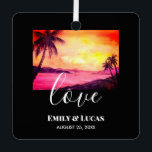 Adorno Metálico Boda Tema Tropical Beach Sunset acuarela<br><div class="desc">Diseñado en base a mi pintura acuarela, un paisaje de puesta de sol tropical. Una hermosa puesta de sol con un espléndido cielo naranja y amarillo y las vistas al mar, a los barcos y a las cabeceras que bajan al fondo con una silueta de cocoteros en primer plano. El...</div>