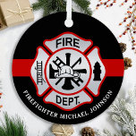 Adorno Metálico Bombero maltés cruzado Personalizado Fuego<br><div class="desc">Ornamento del bombero de la Cruz Roja maltesa de la Línea Roja Delgada - diseño moderno rojo y plateado negro. Personalice con los departamentos de bomberos, el nombre del bombero o su texto. Este adorno de bomberos personalizado es perfecto para departamentos de bomberos, servicio de bomberos, o como conservador conmemorativo,...</div>