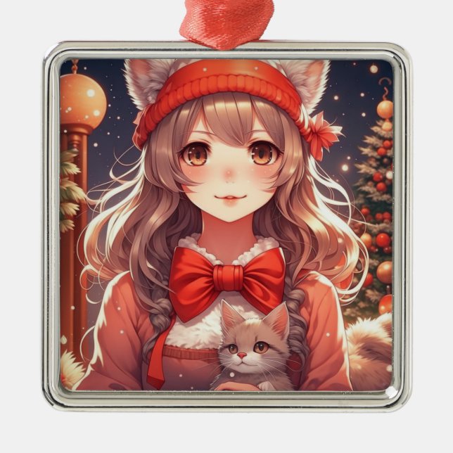 Adorno Metálico Bonito Anime Chica Holding Navidades gatitos (Frente)