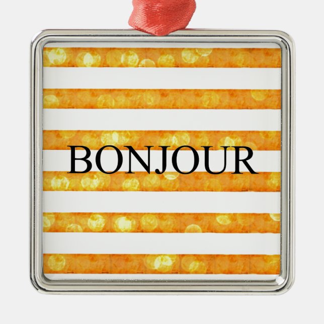Adorno Metálico Bonjour Naranja Stripe Bokeh (Frente)