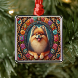 Adorno Metálico Borde elegante de colores florales de perro de Pom