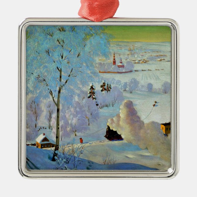 Adorno Metálico Boris Kustodiev - Esquiadores, pintura famosa, (Frente)
