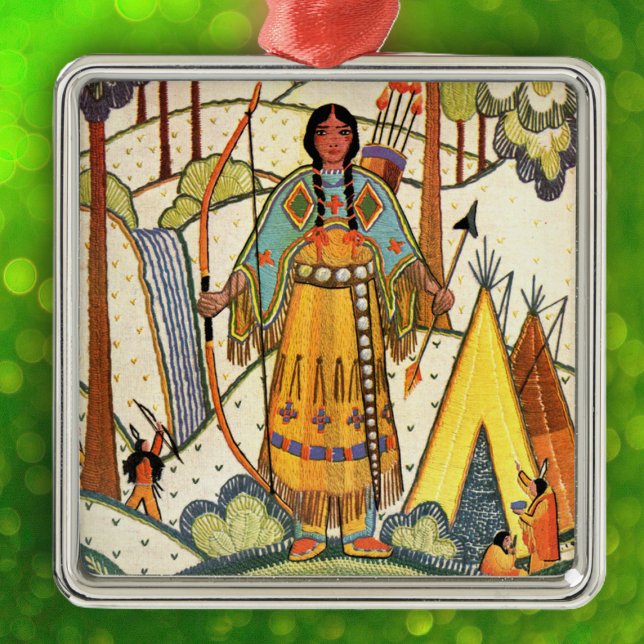 Adorno Metálico Bosque de aldea de nativas nativas nativas nativas (Native American woman in woods by teepee embroidered look on hanging ornament.)